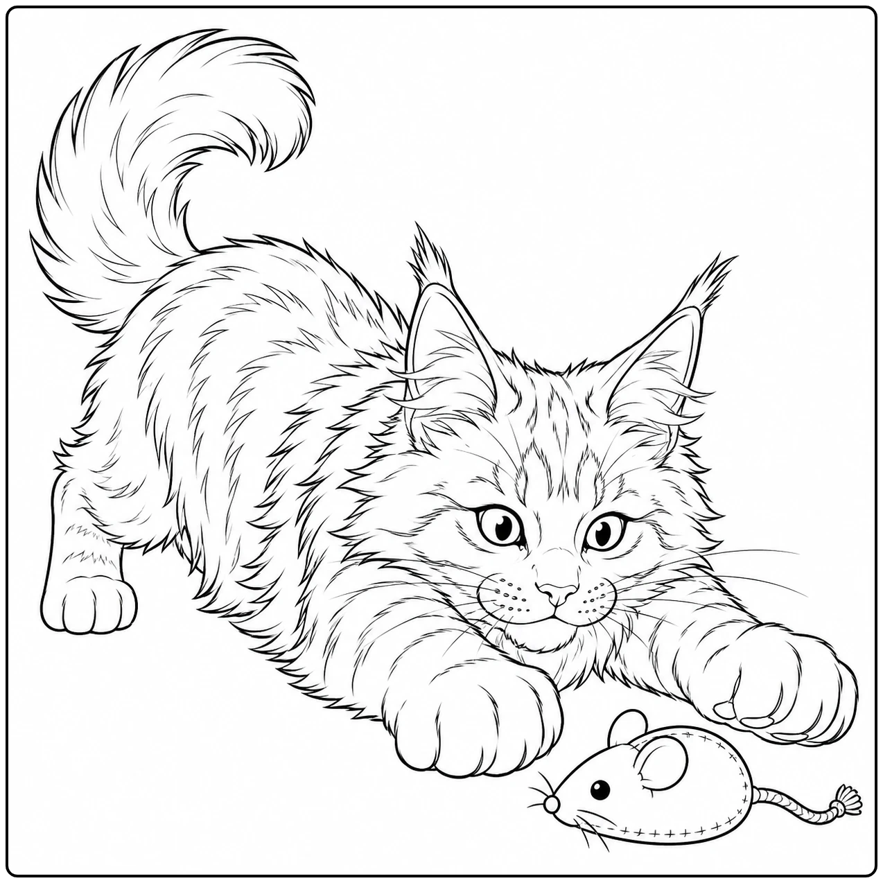 Speelse Maine Coon sluipt laag naar een speelgoedmuis terwijl de pluimstaart omhoog krult.