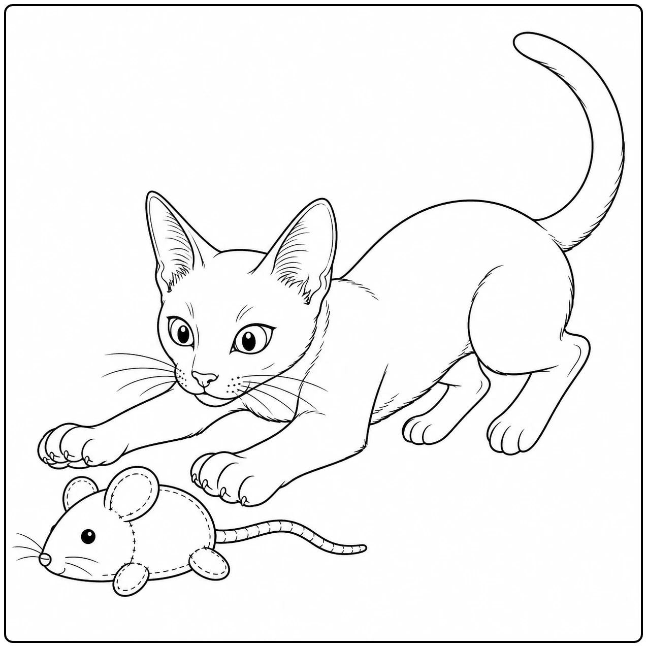 Nieuwsgierige kat sluipt laag over de vloer en reikt met beide voorpoten naar een speelgoedmuis.