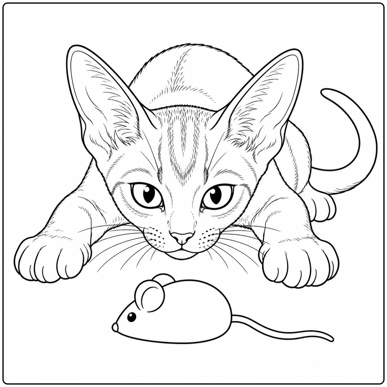 Een geconcentreerde kitten besluipt een speelgoedmuis op de kleurplaat abessijn.