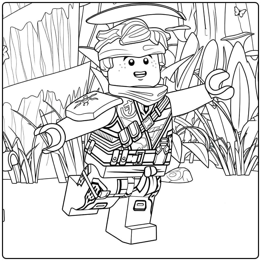 kleurplaat ninjago jay van Jay met uitgestrekte armen tussen jungle bladeren en paddenstoelen