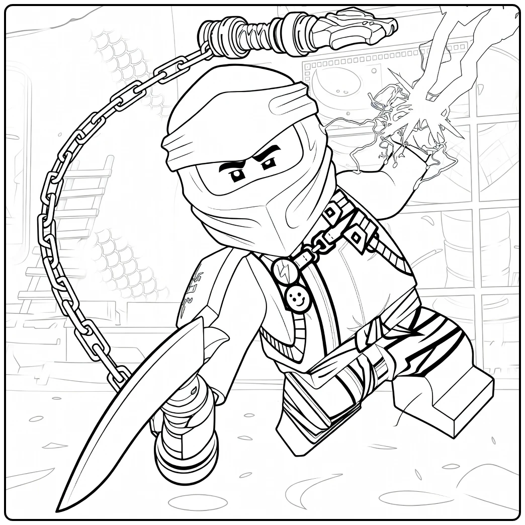 kleurplaat ninjago jay in dynamische actie met kettingwapen en energiestoot