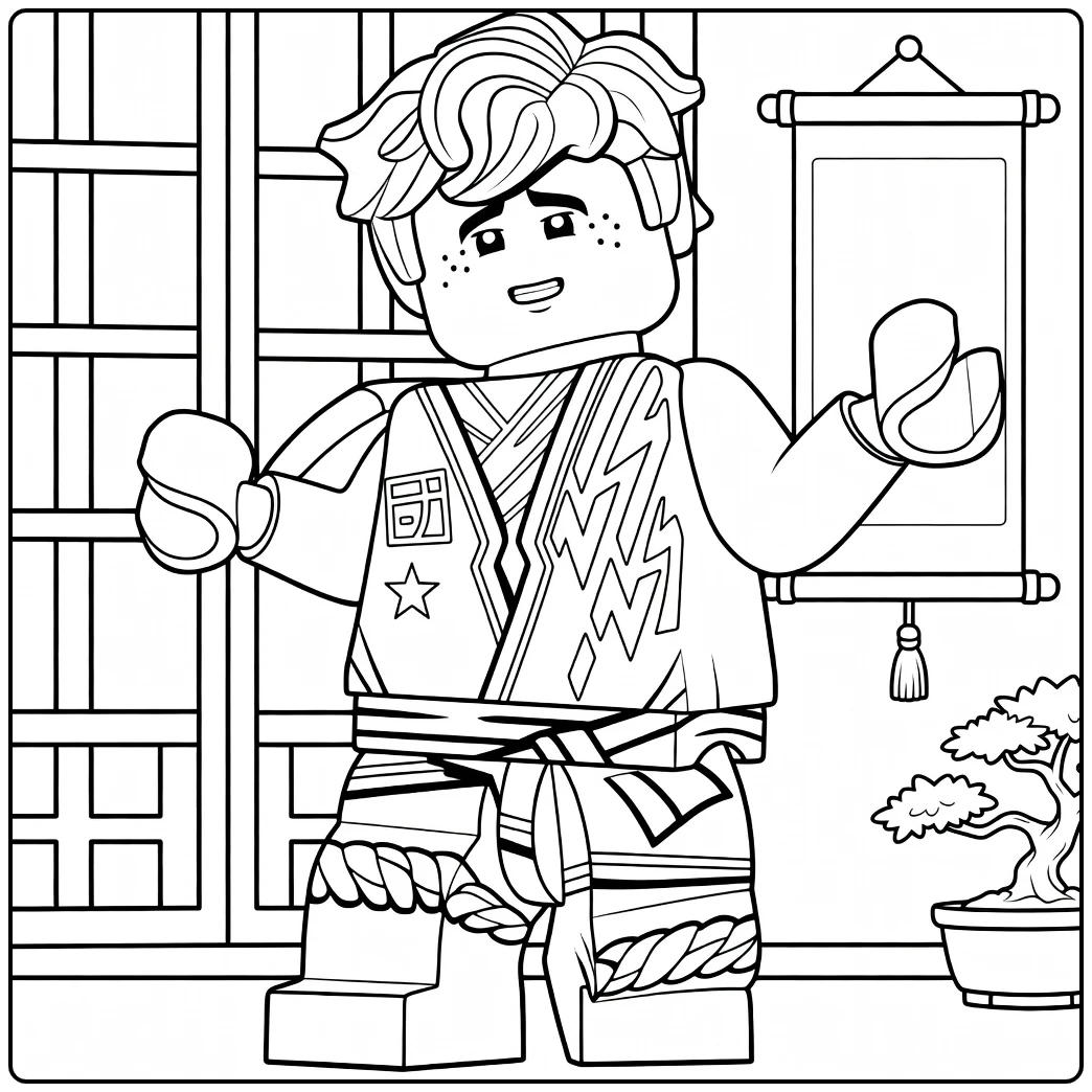 kleurplaat ninjago jay van een minifiguur met spiky haar en blauw vest met bliksemdetails