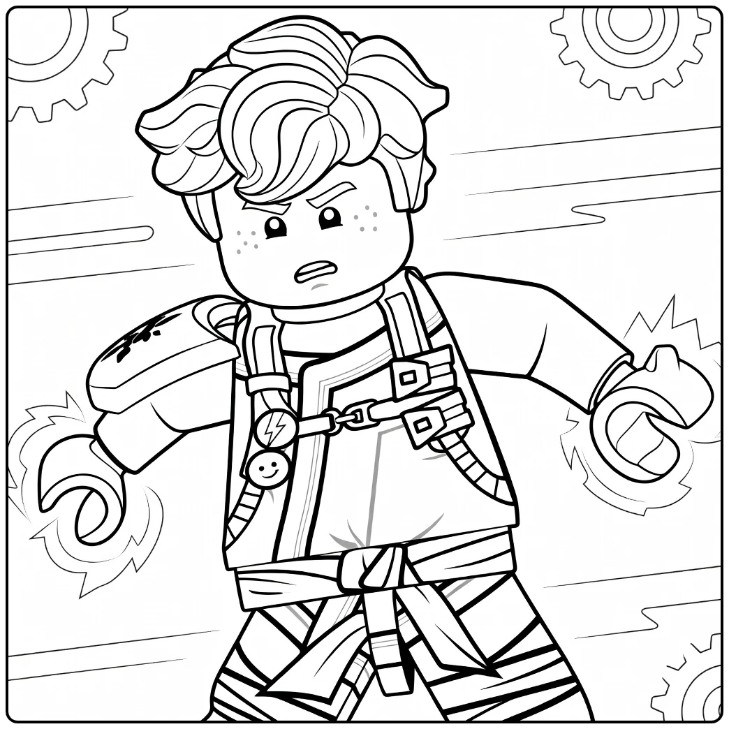 kleurplaat ninjago jay met Jay die dynamisch staat met uitgestrekte armen en energie-effecten
