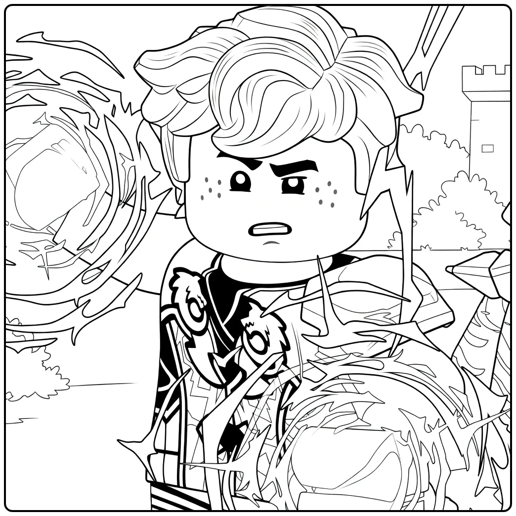 Jay uit Ninjago met opgeheven handen en energie swirls kleurplaat ninjago jay