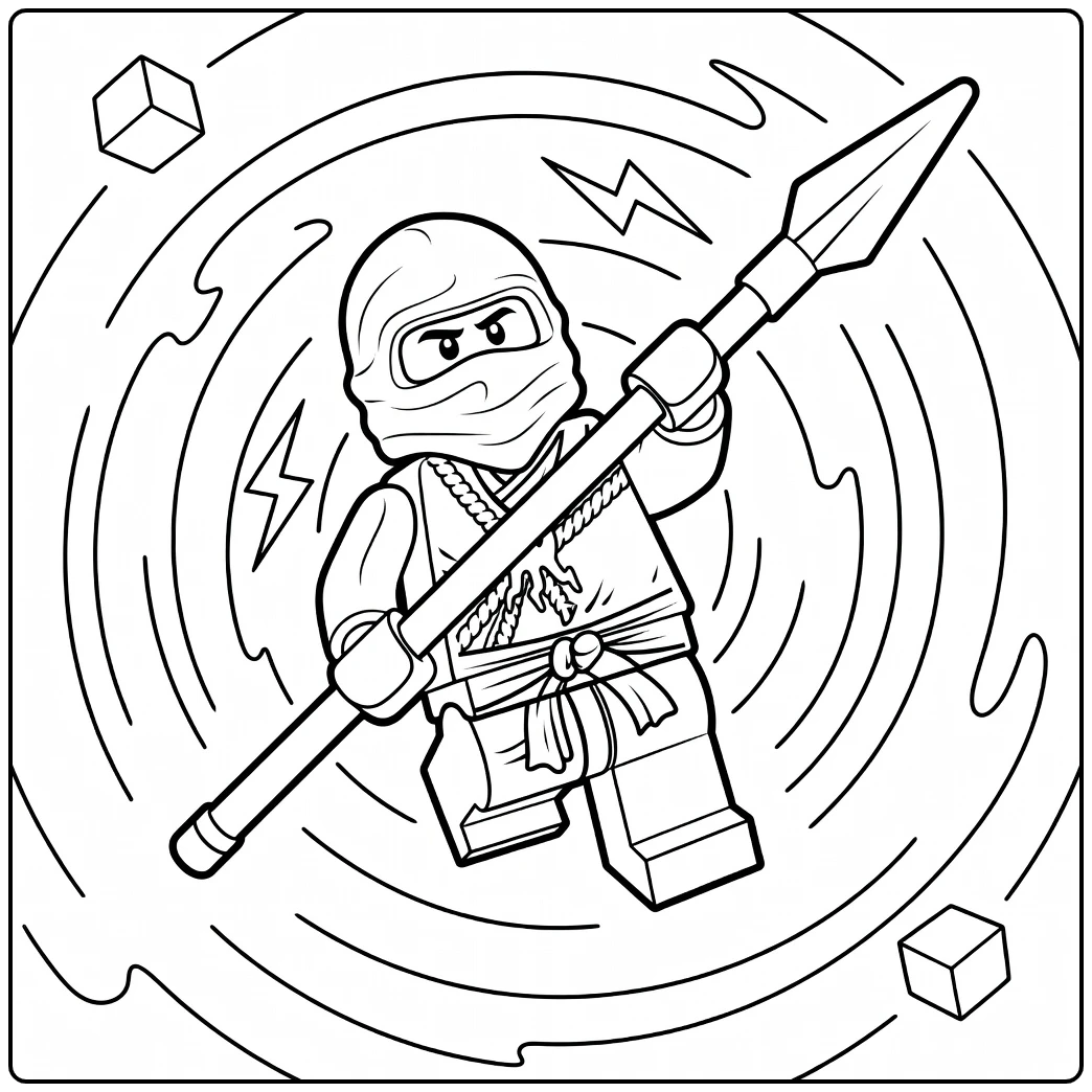 kleurplaat ninjago jay van een blauwe hooded figuur met gele kop die een gouden staf vasthoudt in dynamische pose