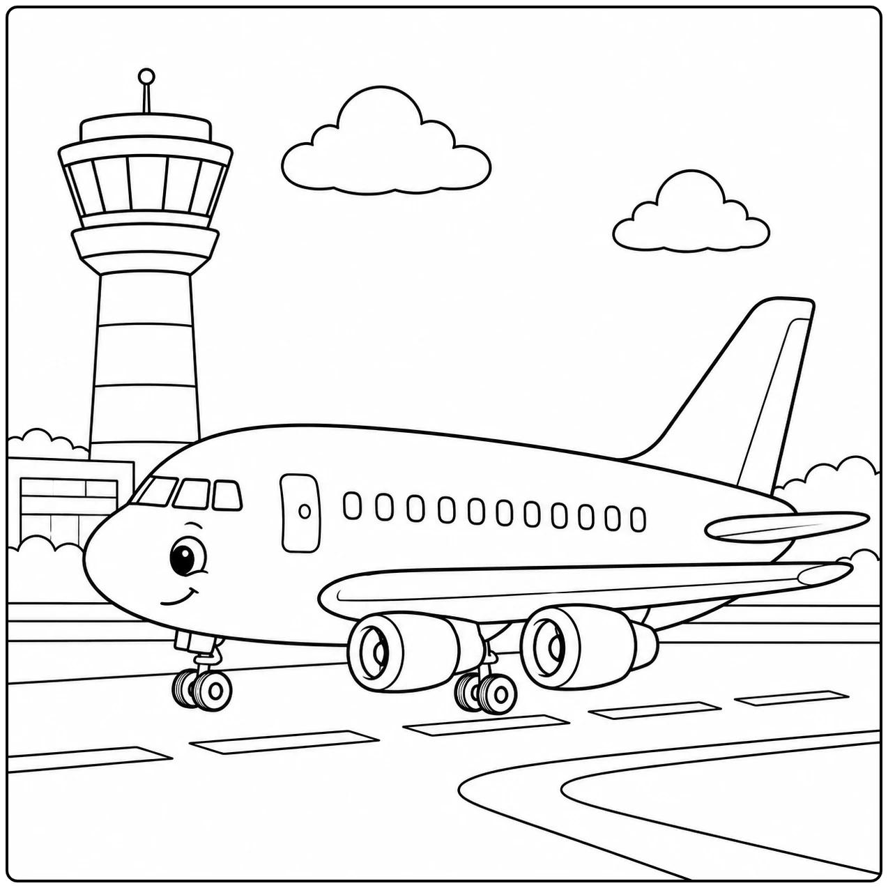 Grote verkeerstoren naast een passagiersjet in deze Vliegtuig op de luchthaven kleurplaat.