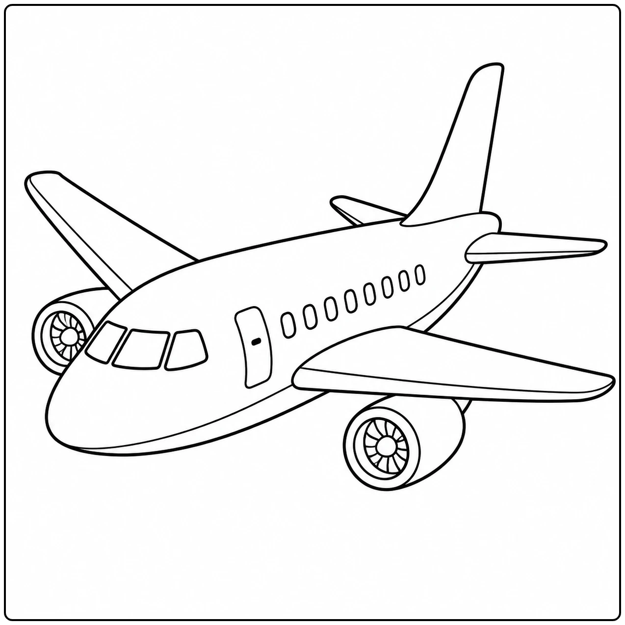 Passagiersjet schuin van voren met brede vleugels, twee motoren en een hoge staart