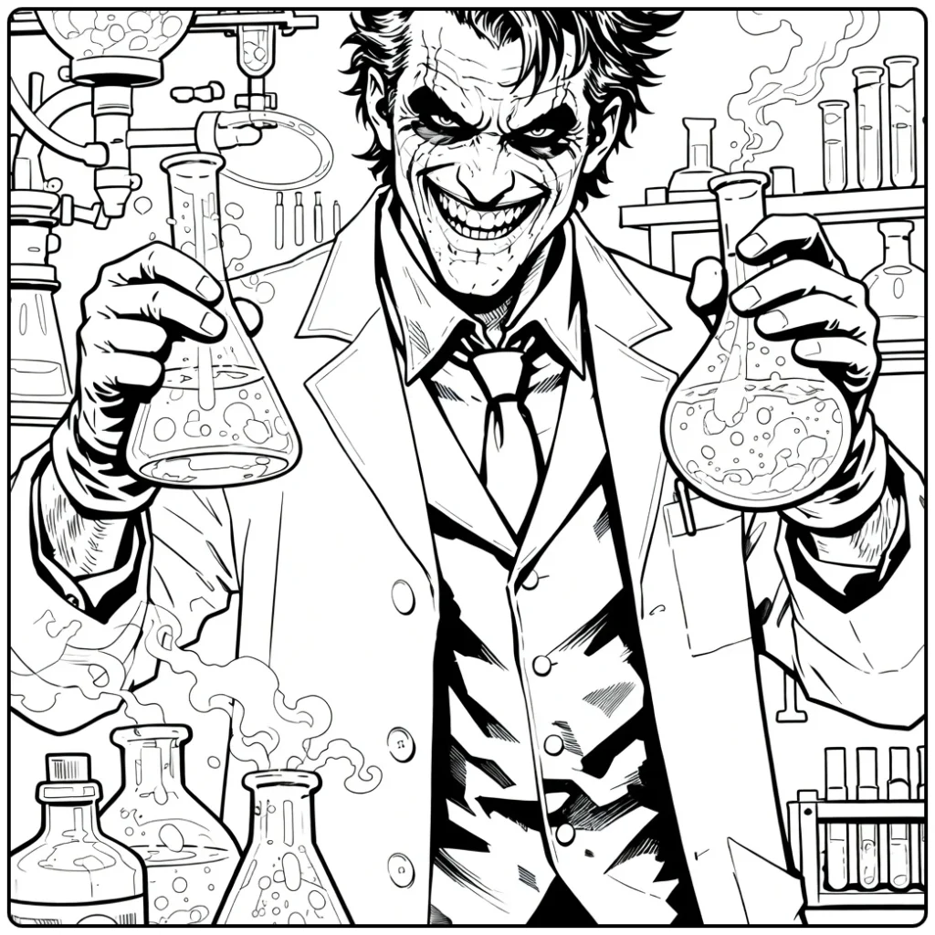 Joker Kleurplaat van een man met groen haar en paarse handschoenen die twee glazen flesjes vasthoudt in een laboratorium