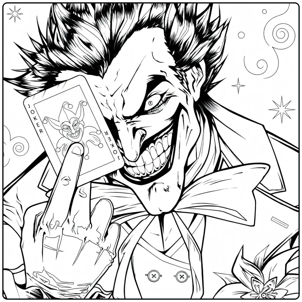 Grinnikende joker met wild spichtig haar en paarse jas houdt een kaart vast Joker Kleurplaat