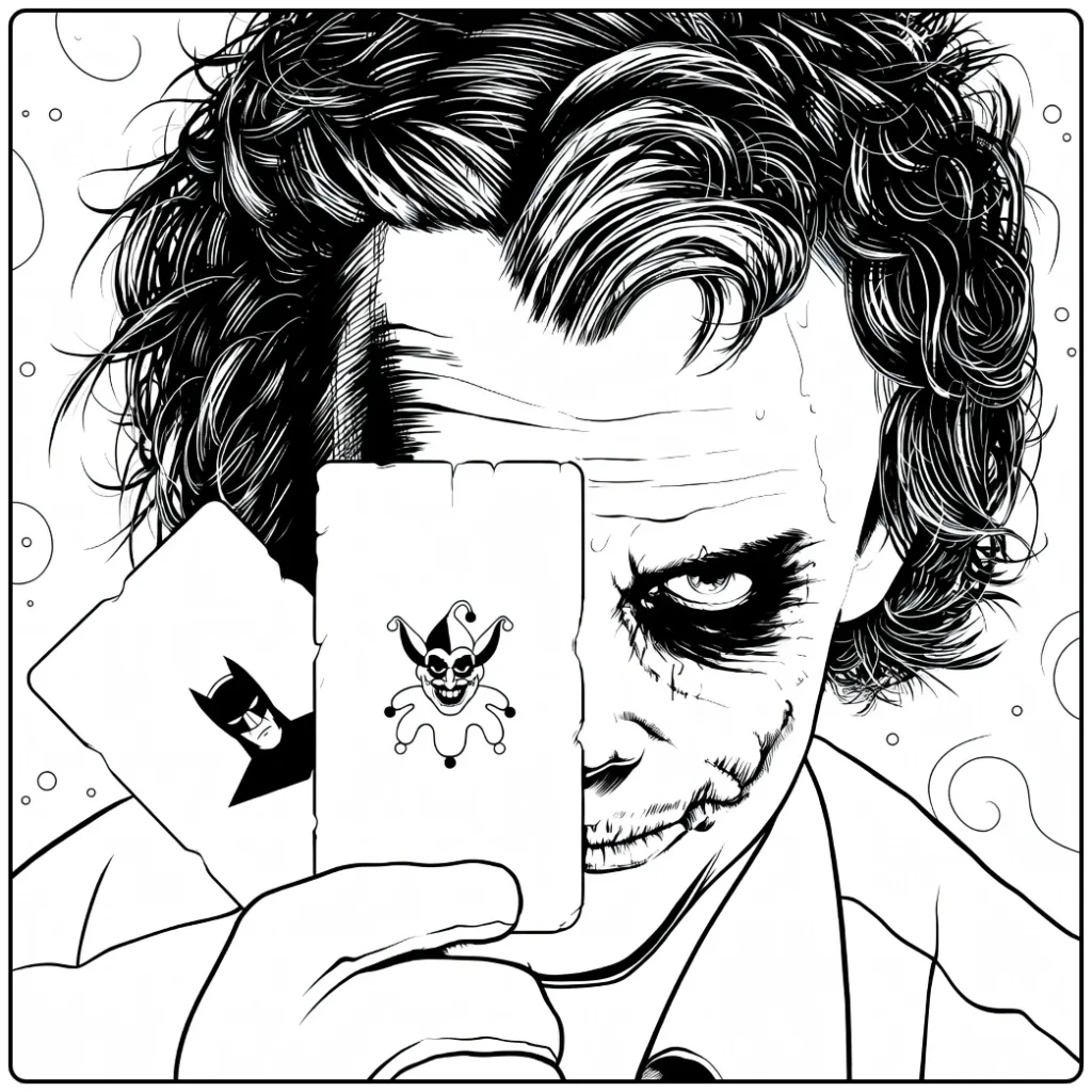 Joker Kleurplaat van een figuur met warrig haar die twee kaarten voor het gezicht houdt