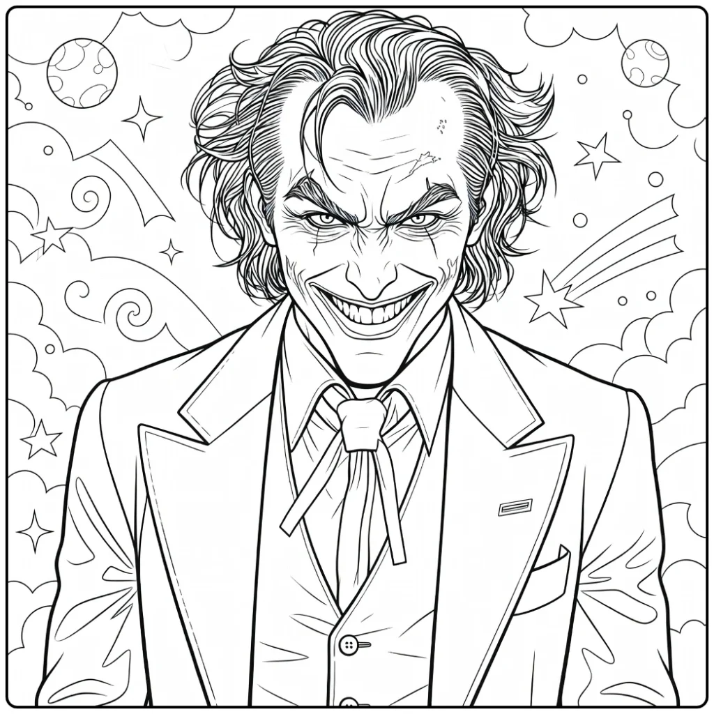 Joker Kleurplaat van een man met wild groen haar, littekens en paarse jas