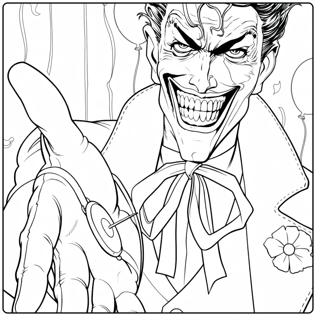 Dreigende joker met groen haar en paarse jas die een rond voorwerp aan een touwtje vasthoudt Joker Kleurplaat
