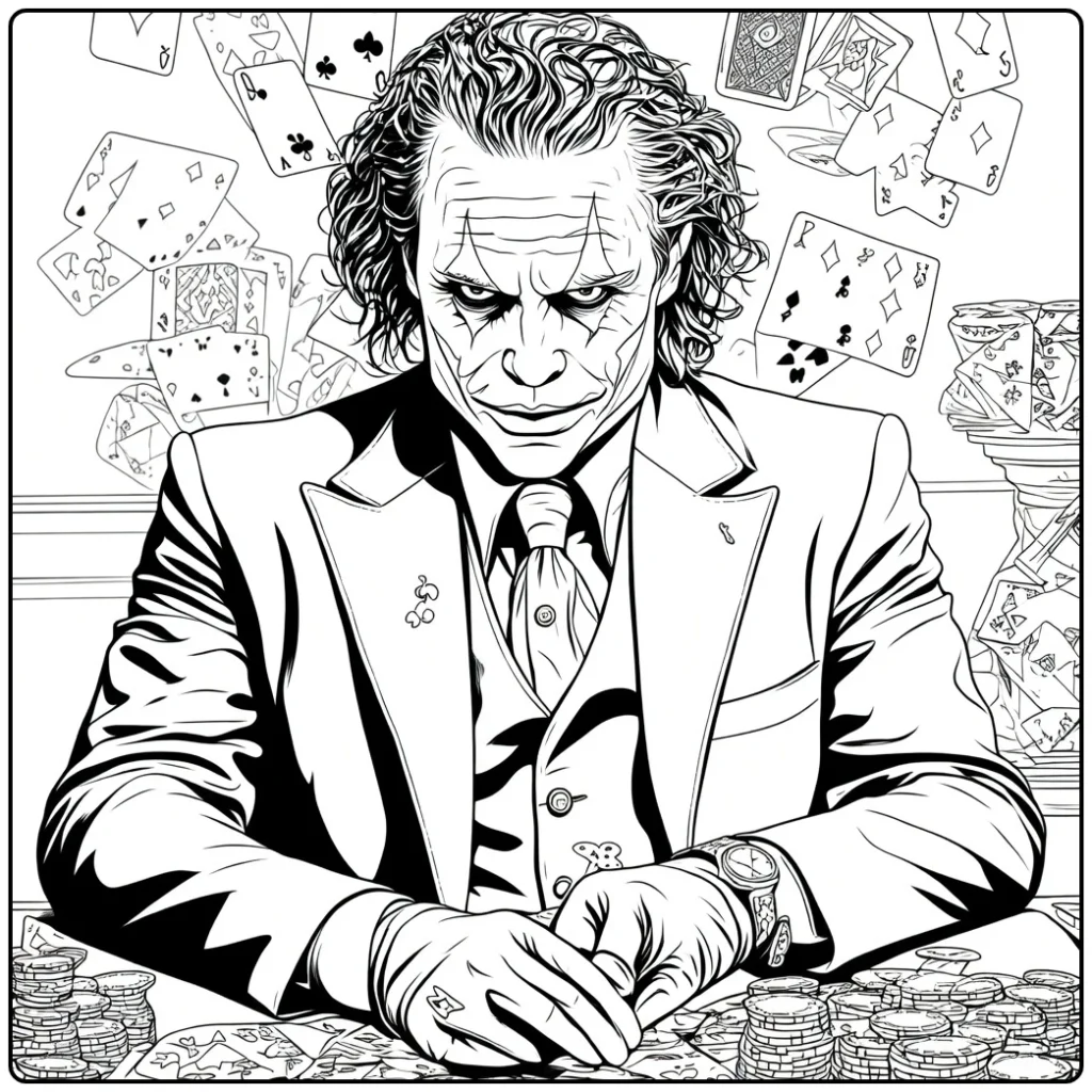 Joker Kleurplaat van een man met groen krullend haar in paars pak met handen gevouwen aan een tafel met kaarten