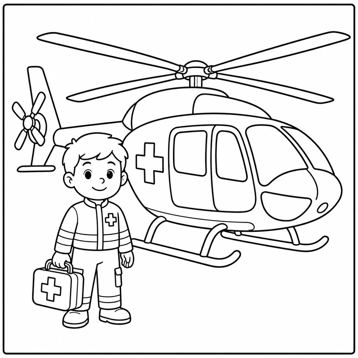 Jonge hulpverlener met EHBO-koffer staat naast een ambulancehelikopter met open zijdeur