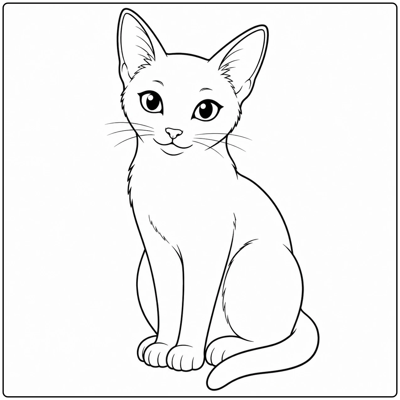 Een zittende jonge kat met grote ogen en spitse oren vormt een eenvoudige kleurplaat blauwe rus.