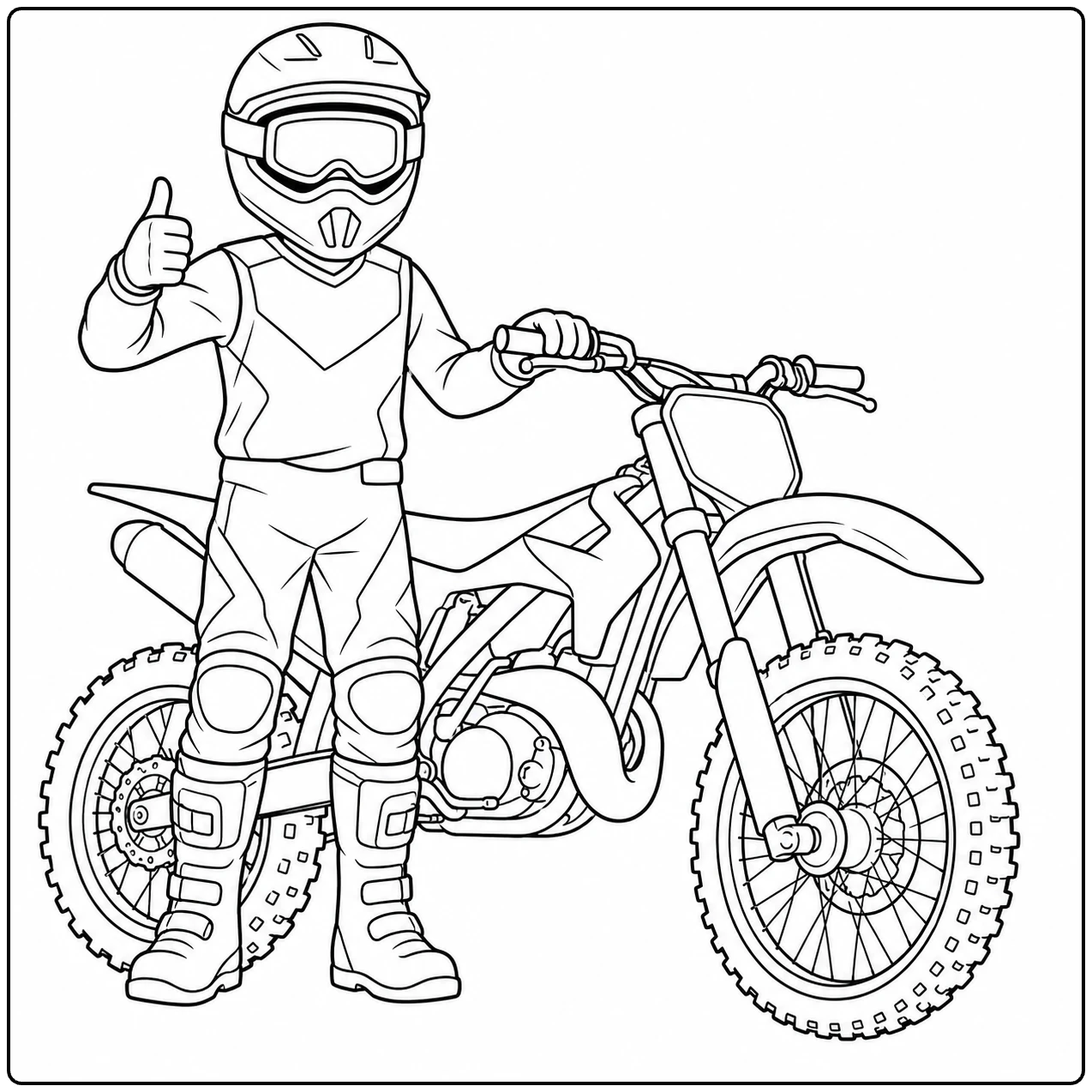 Jonge motorcrosser geeft een duim omhoog naast zijn terreinmotor in volledige beschermkleding