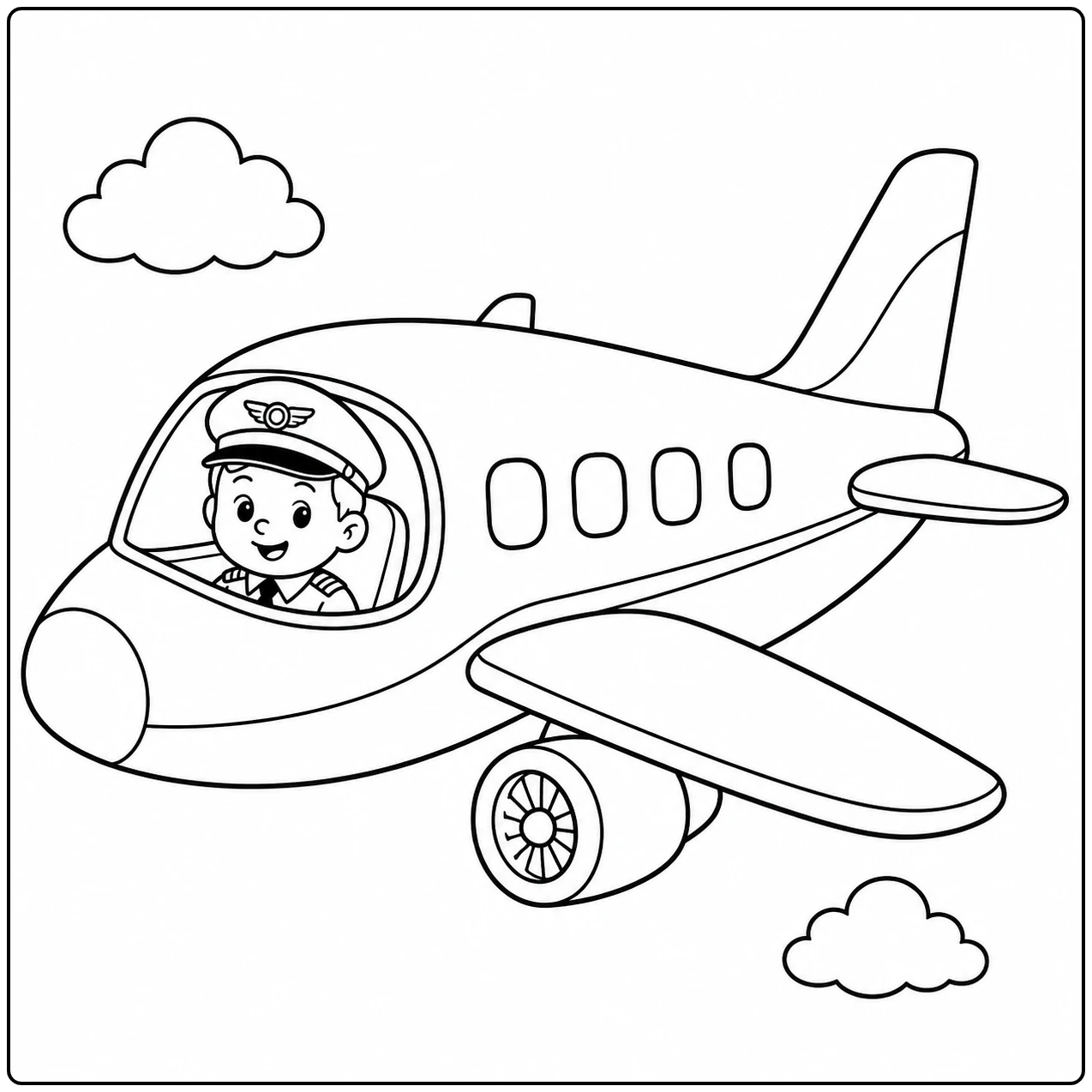 Vliegtuig met een jonge piloot in de cockpit, brede vleugels en zachte wolken rondom