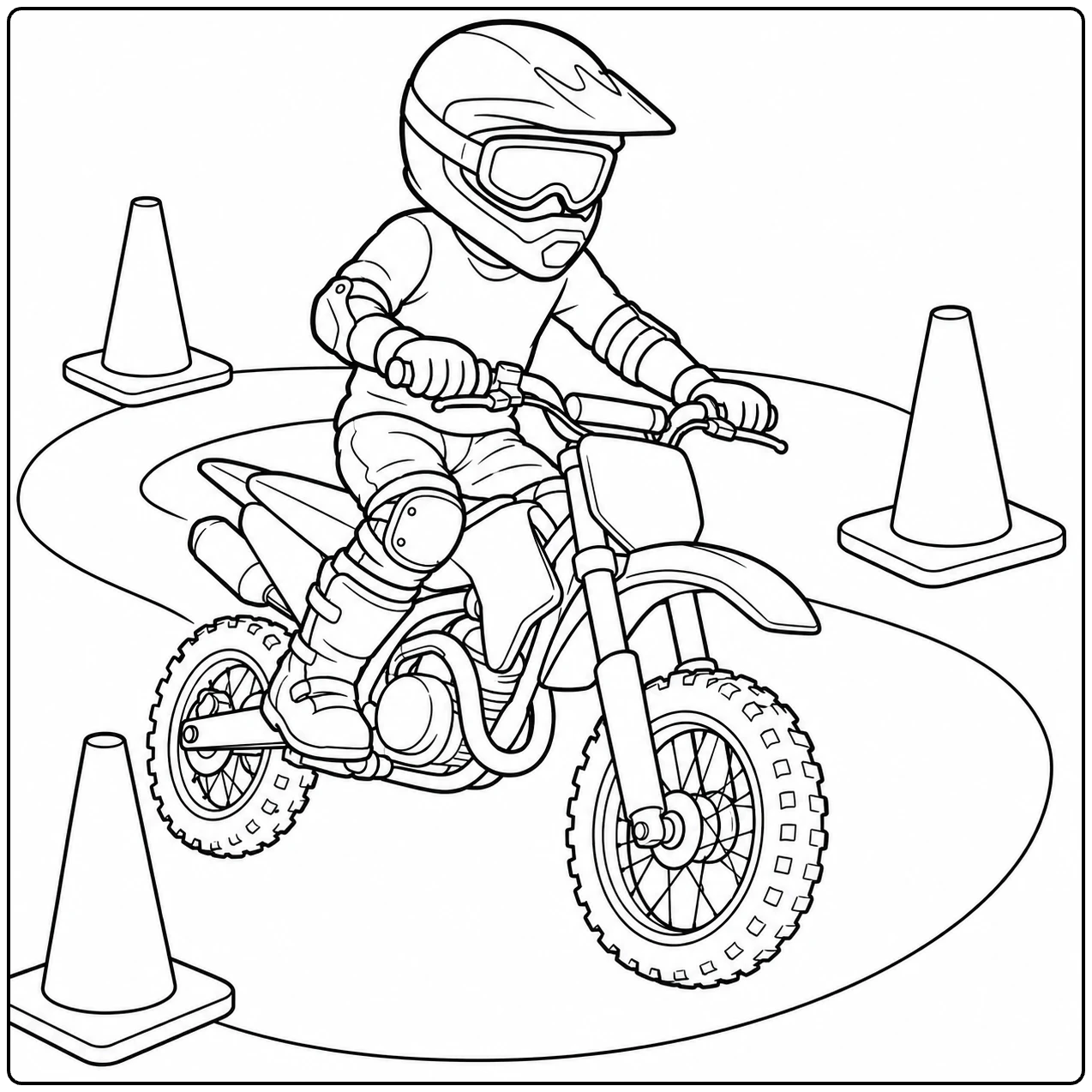 Jonge motorrijder oefent tussen verkeerskegels op een kleine crossmotor