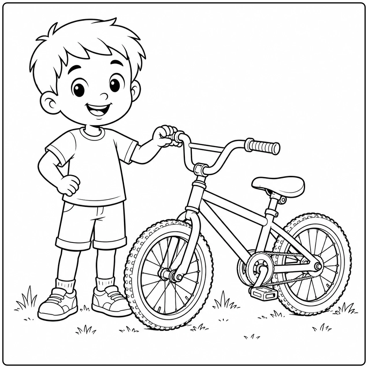 Jongen staat glimlachend naast zijn kleine fiets op een grasveld en houdt het stuur vast