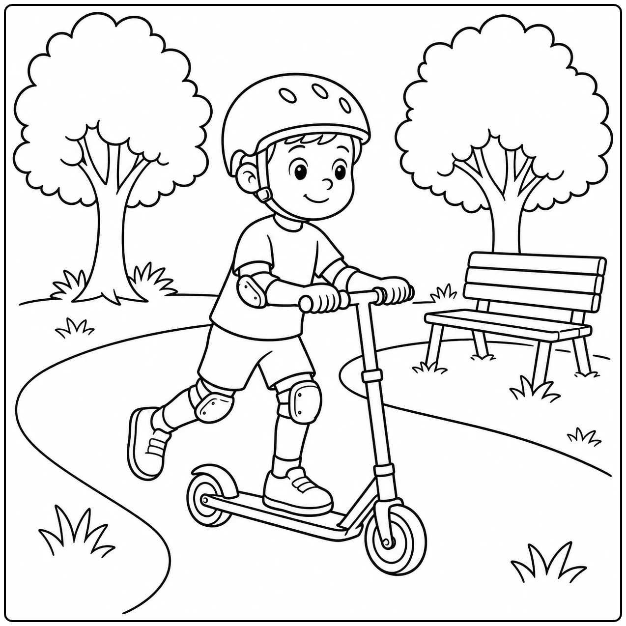 Jongen met helm rijdt op een step langs een bochtig parkpad met bomen en een bankje.