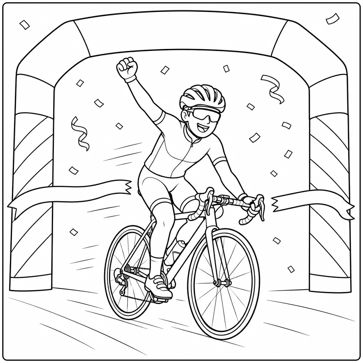 Een kleurplaat fiets met een jonge wielrenner die juichend onder een feestelijke boog doorrijdt