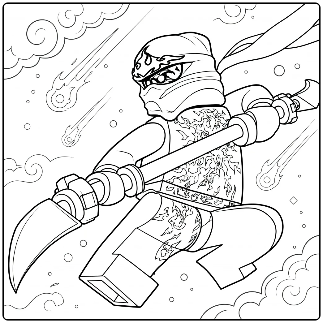 kleurplaat ninjago kai toont een gepantserde figuur in sprong met twee wapens