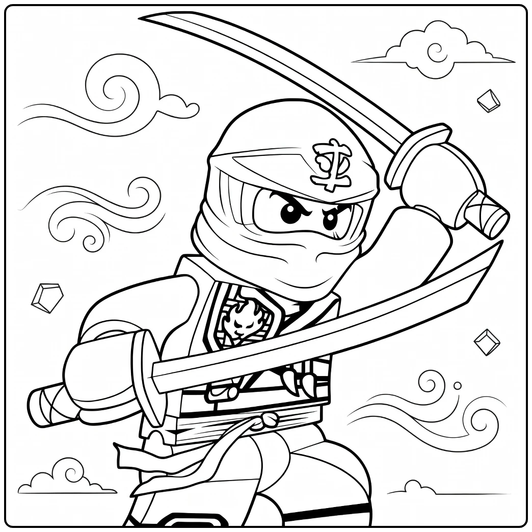kleurplaat ninjago kai met rode geharnaste figuur en twee zwaarden in actie