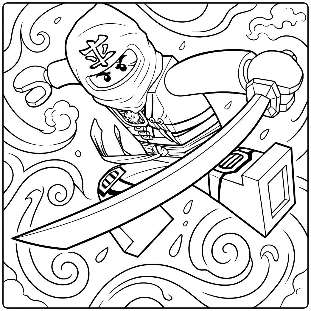kleurplaat ninjago kai van een rode hooded minifiguur die met zwaard springt voor een vurige werveling