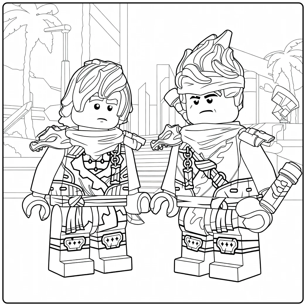 kleurplaat ninjago kai met twee ninjas die tegenover elkaar staan met wapens