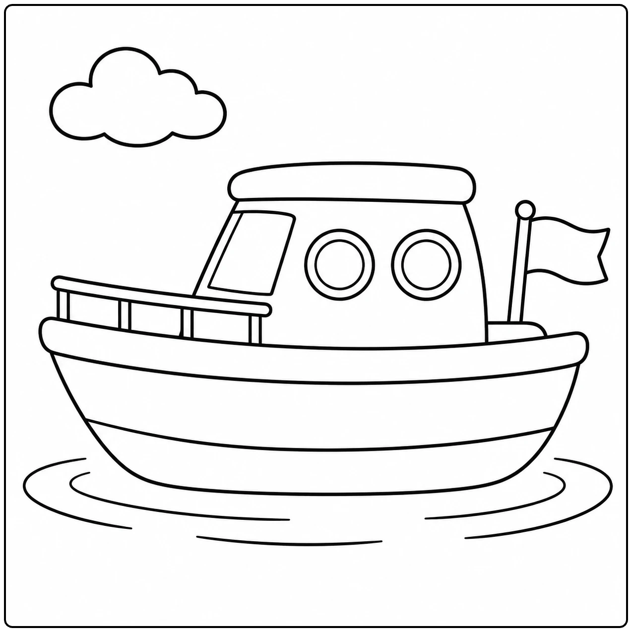 Kajuitboot met twee ronde ramen, een vlag en zachte rimpelingen op het water