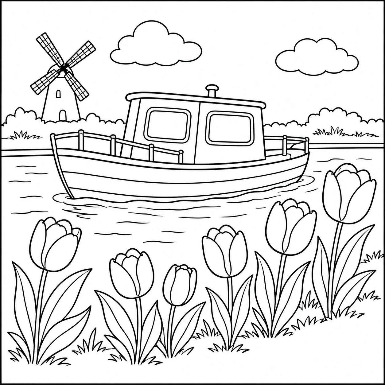 Kleine kajuitboot langs een veld met tulpen en twee windmolens in de verte