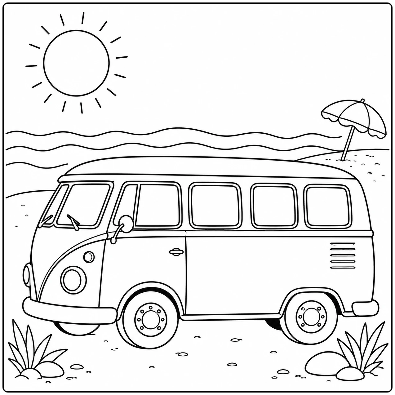 kleurplaat bus met retro kampeerbus aan zee, onder een stralende zon en naast golven en een parasol