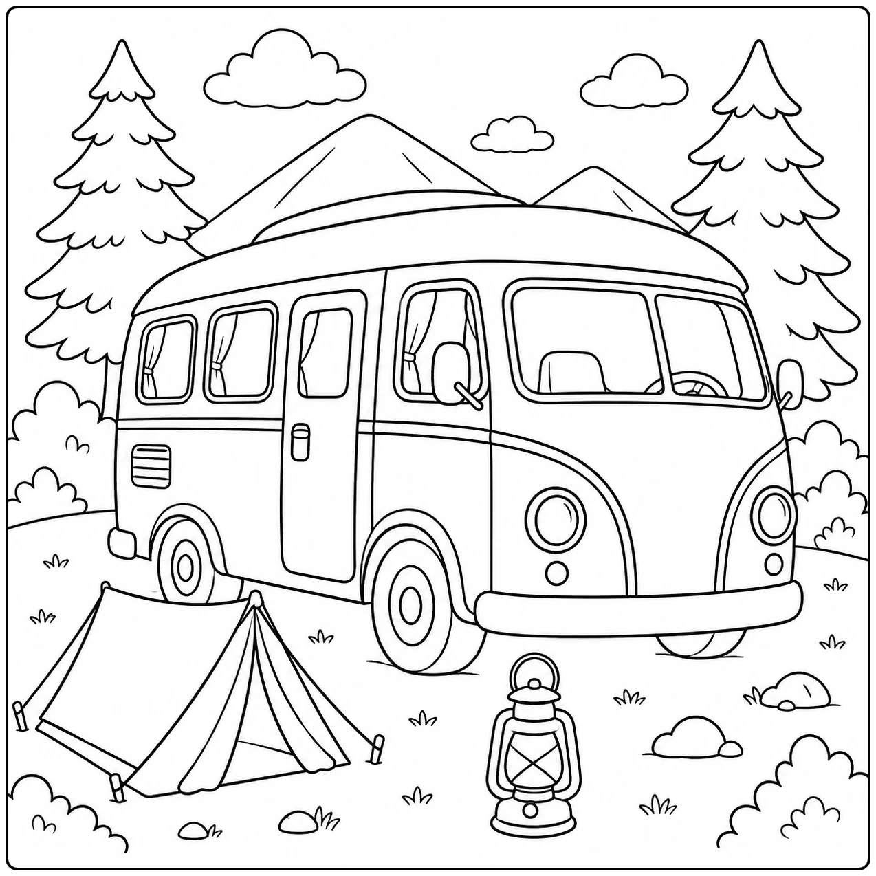 Retro kampeerbus op een camping tussen dennenbomen en bergen, met een tent en lantaarn ervoor