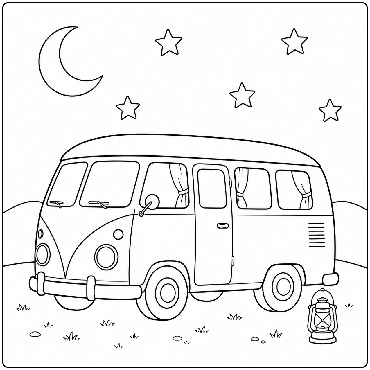Een klassieke kampeerbus onder maan en sterren, met een kleine lantaarn naast het voertuig