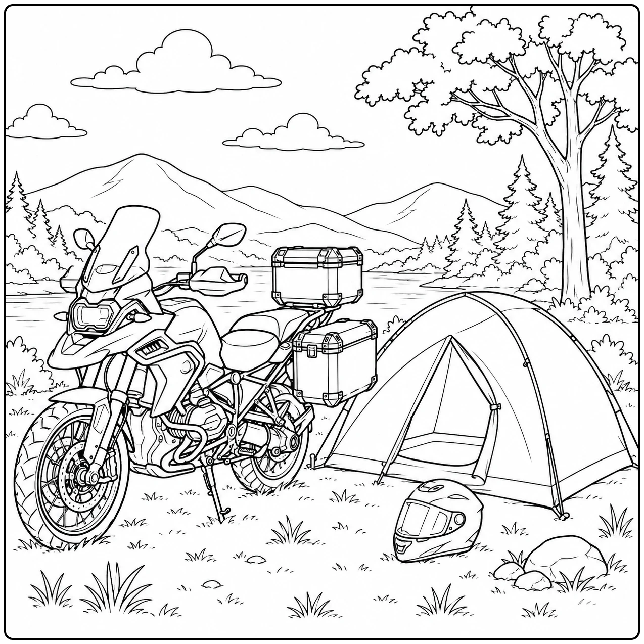 Adventuremotor naast een tent op een rustige camping, met helm en berglandschap.