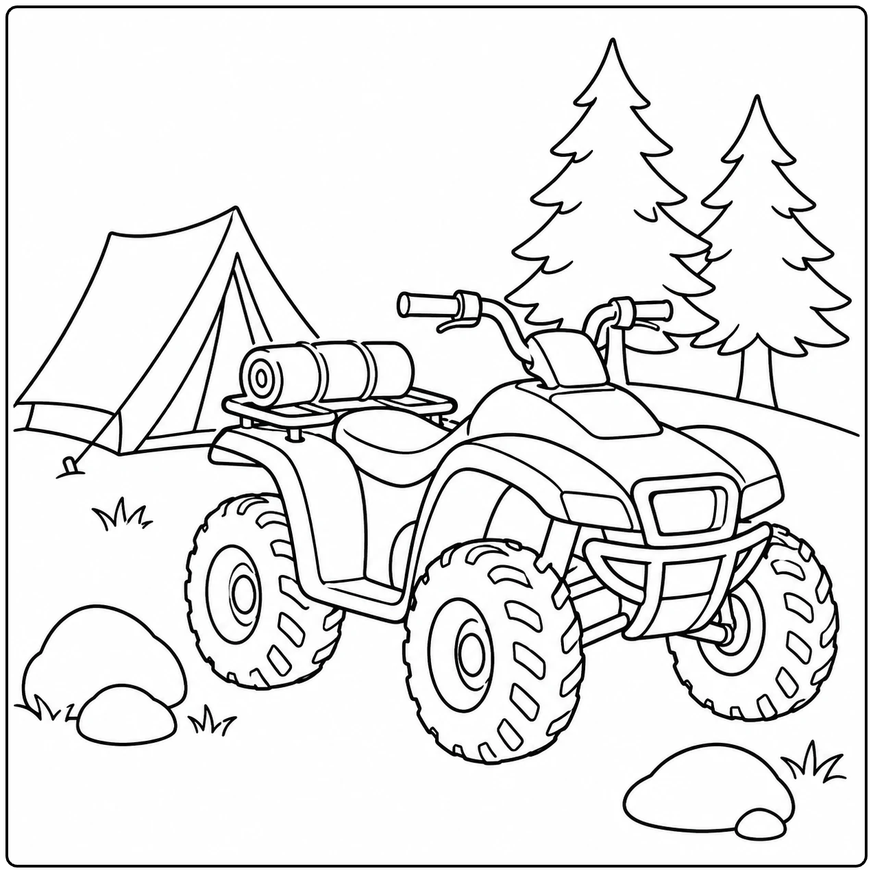 Kampeerquad met opgerolde slaapmat naast een tent en twee hoge dennenbomen