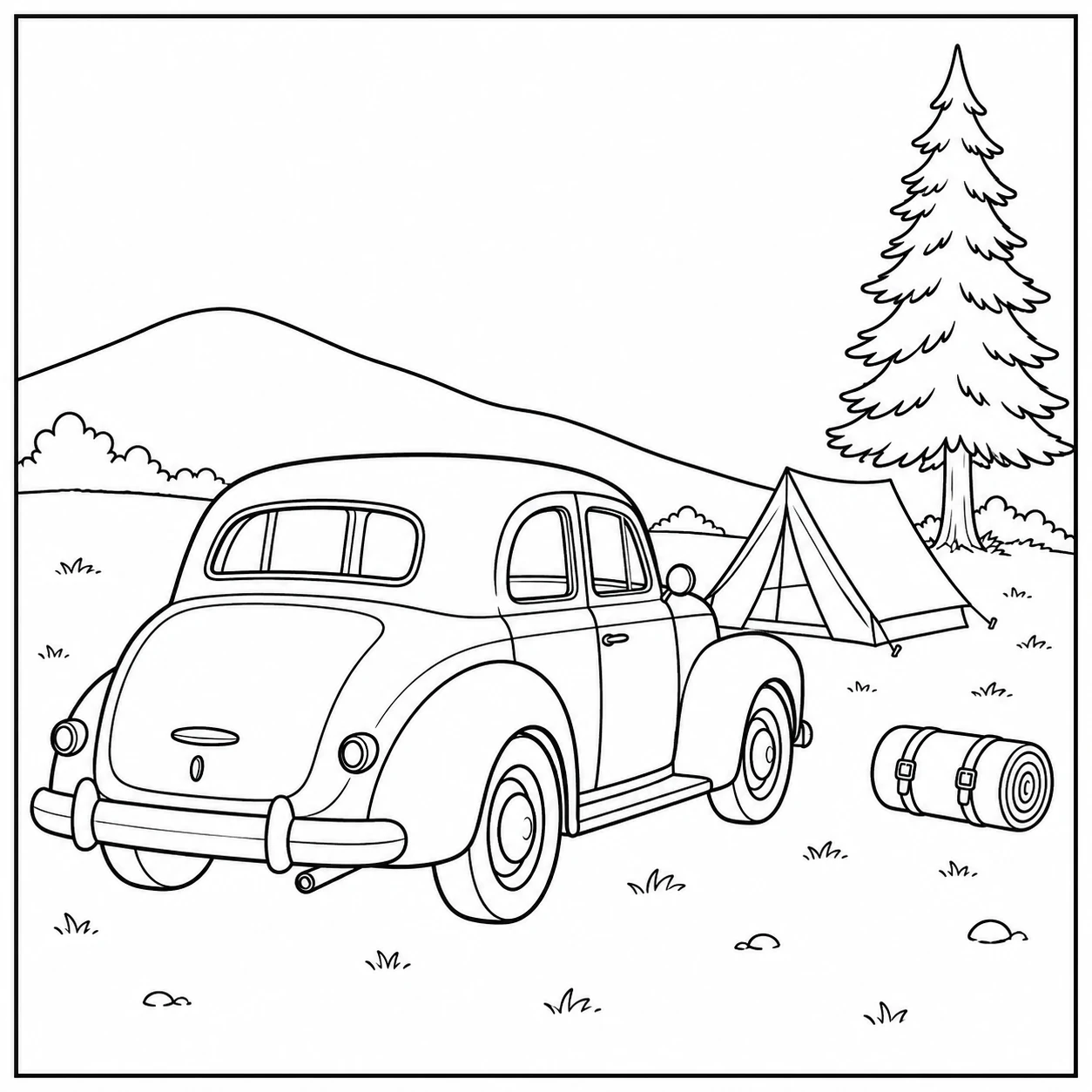 Compacte oldtimer van achteren bij een tent, dennenboom en opgerolde kampeerspullen.