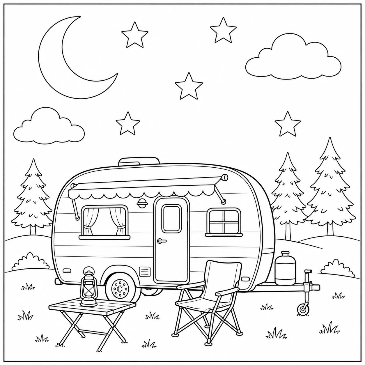 Caravan onder maan en sterren, met twee campingstoelen, een tafel en dennenbomen.