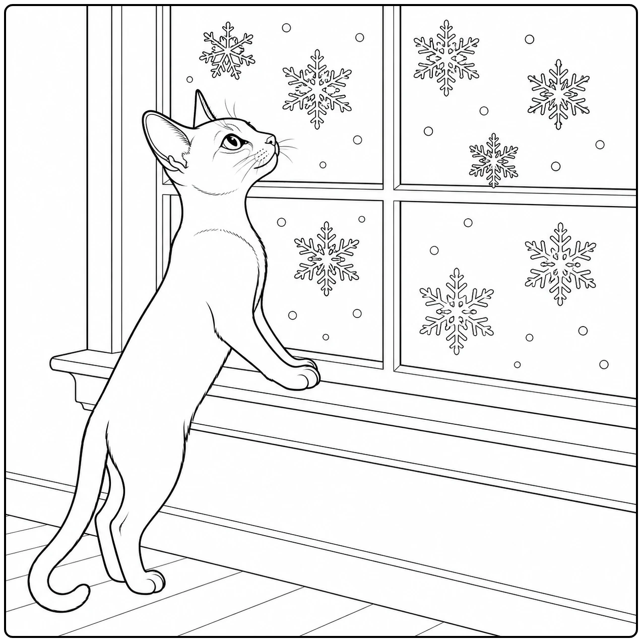 Een nieuwsgierige kat staat op de achterpoten en kijkt naar sneeuwvlokken buiten het raam.