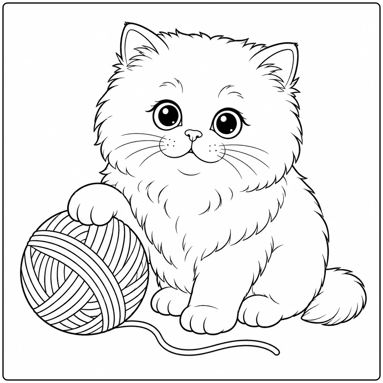 Pluizige kat houdt een poot op een grote bol wol met een losse draad op de vloer.
