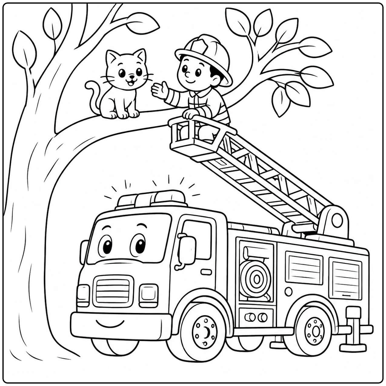 Brandweerman redt samen met een ladderwagen een kat uit een hoge boom