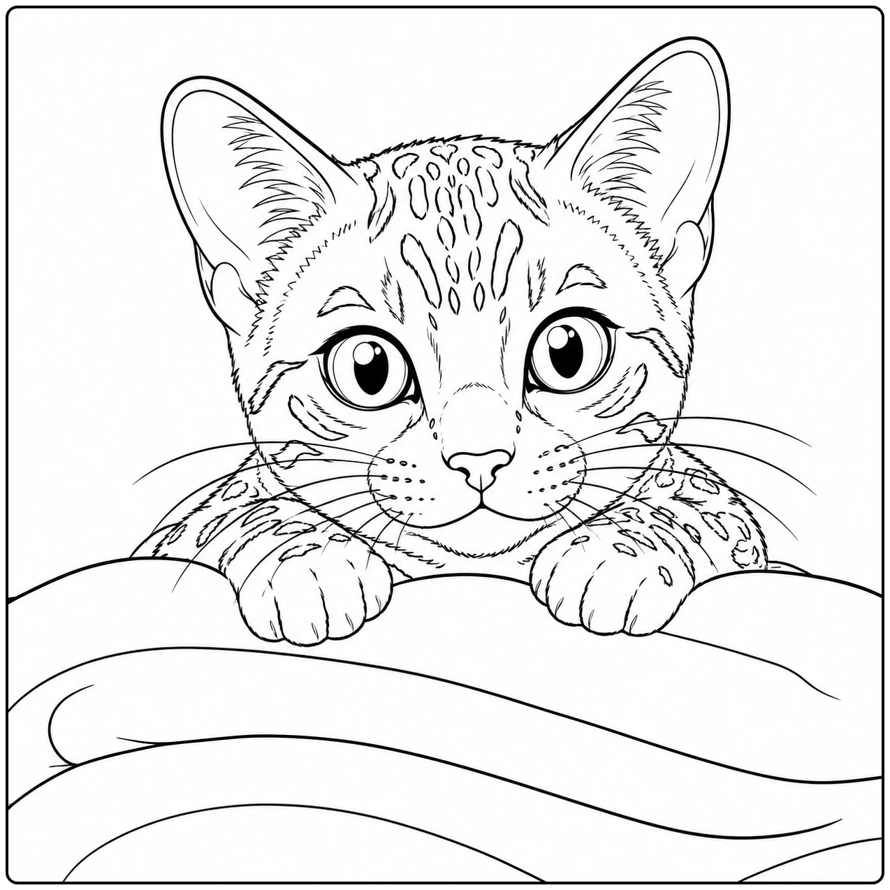 Bengaalse kat gluurt over een zacht kussen met beide voorpoten op de rand.