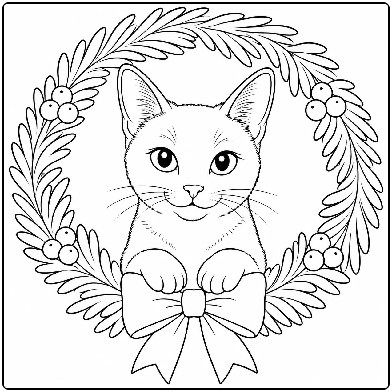 kleurplaat blauwe rus met een jonge kat in een bloemenkrans, afgewerkt met een grote strik.