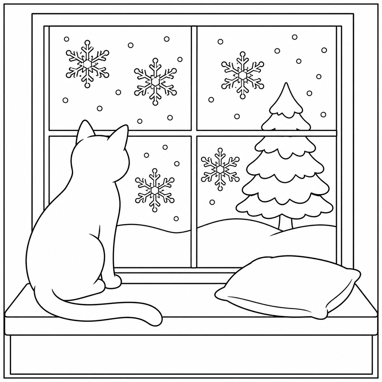Een kat bekijkt de vallende sneeuw vanuit het raam op deze kleurplaat sneeuw met een dennenboom