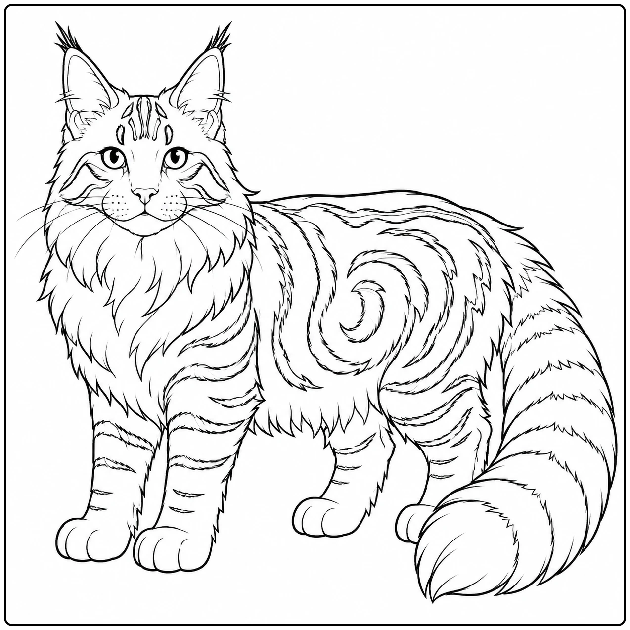 Staande Maine Coon met opvallende spiraalstrepen en een volle, gebogen staart.