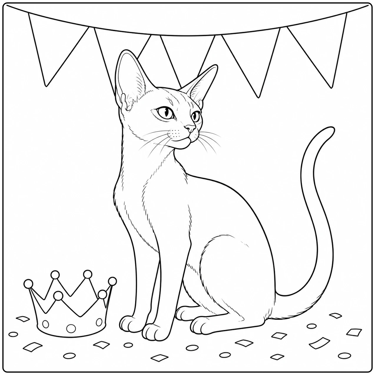 Feestelijke kat onder vlaggetjes met een kroontje en confetti, als kleurplaat abessijn.