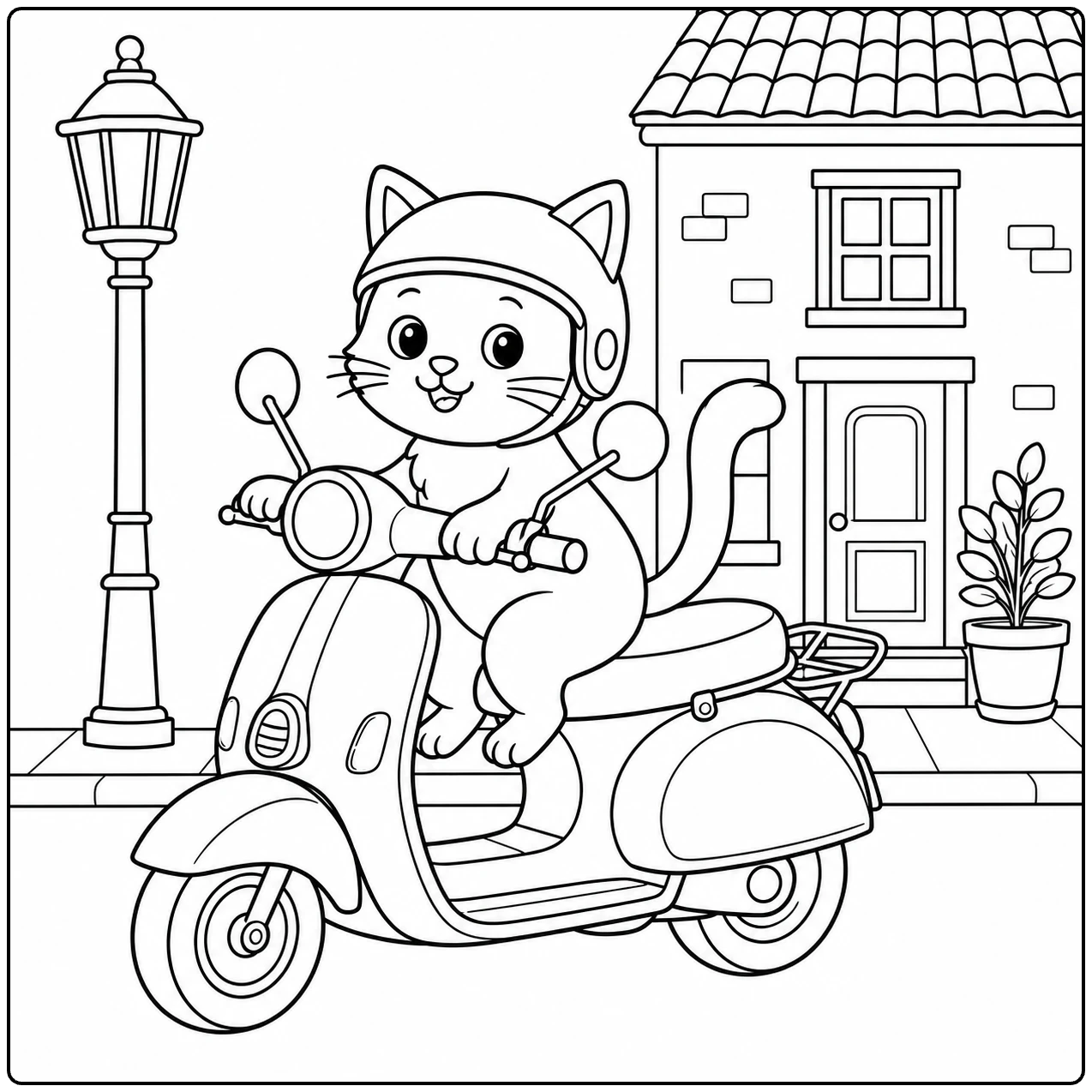 Een helmkat rijdt op een retro kleurplaat scooter langs een straatlantaarn en een klein stadshuis.