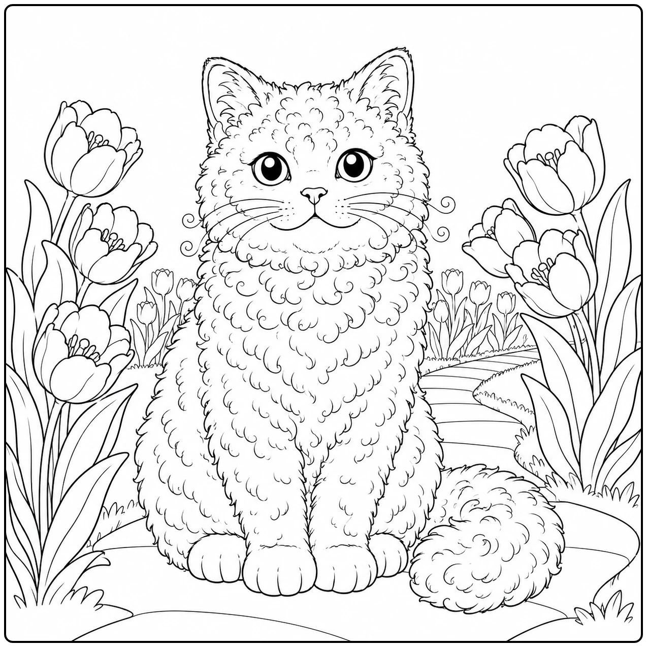Tussen hoge tulpen zit een rustige kleurplaat selkirk rex met gekrulde borst en sierlijke staart.