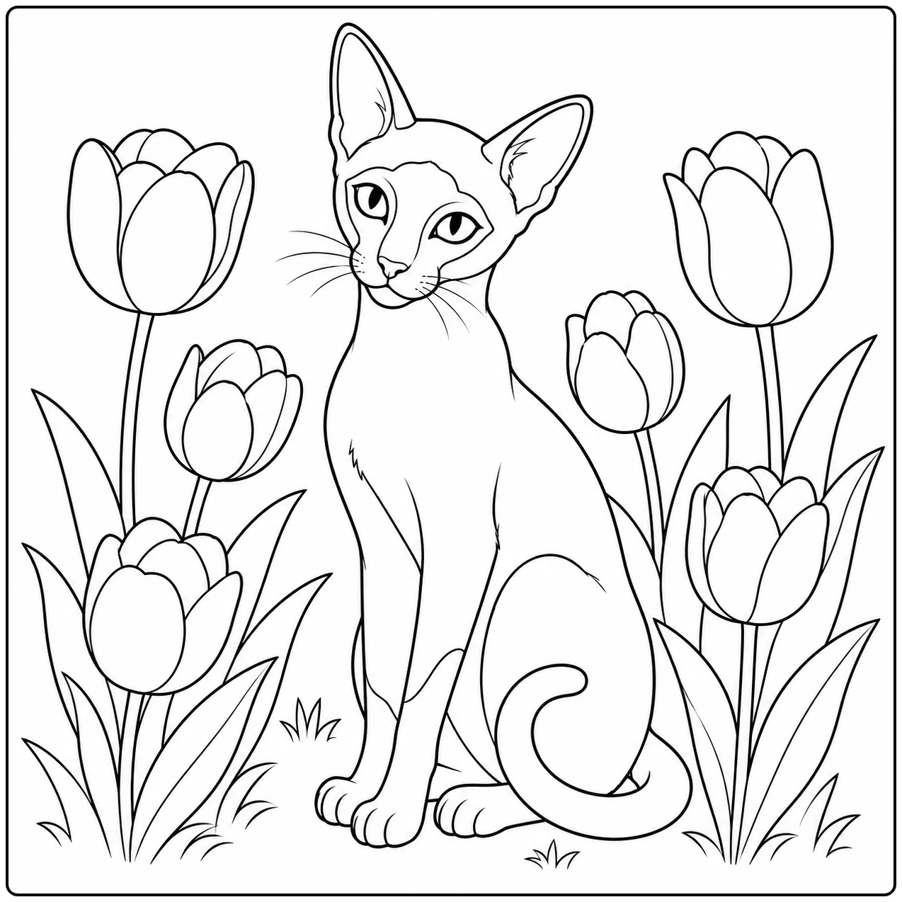 Tussen hoge tulpen zit een rustige kat met gekrulde staart, als kleurplaat siamese kat