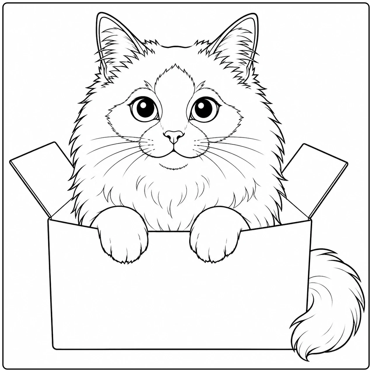 Kleurplaat heilige birmaan met een nieuwsgierige kat die uit een open kartonnen doos naar buiten kijkt.